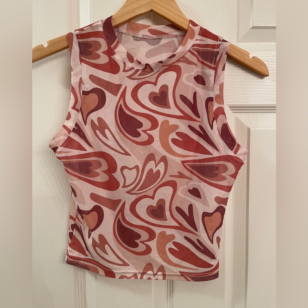 Sheer Heart Print‎ Mesh Tank Top | Sleeveless | Y2K Vibes | Juniors L - Picture 2 of 8